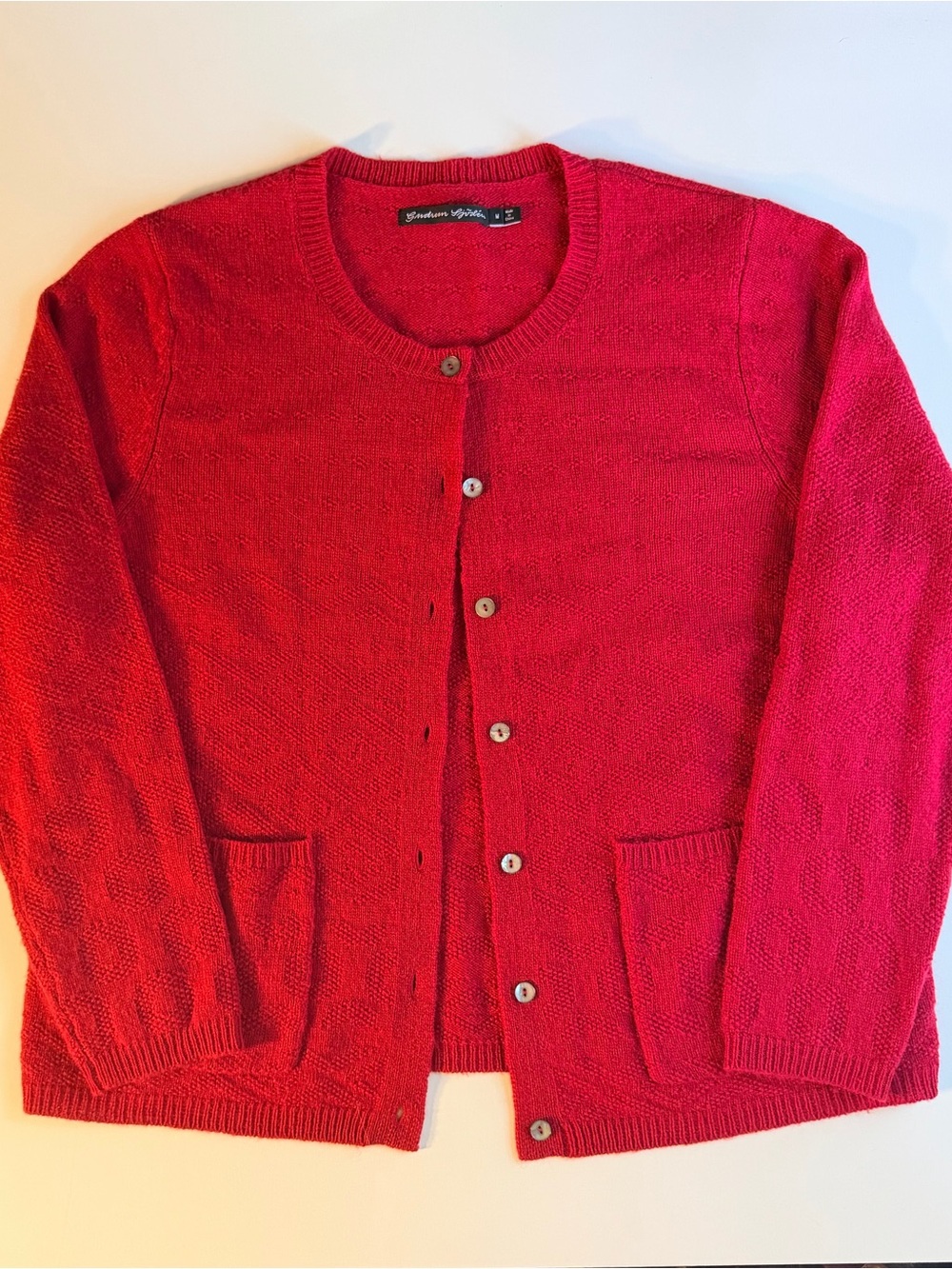 Gudrun Sjoden | Textured Knit Wool Blend Red Pocket Button Cardigan